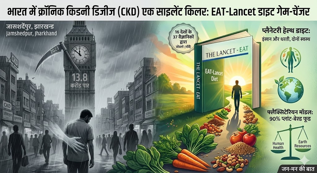 एक विस्तृत और कलात्मक हिंदी इन्फोग्राफिक, 'किडनी को हेल्दी रखने के लिए 5 सुपरफूड' (5 Superfoods to Keep Kidneys Healthy)