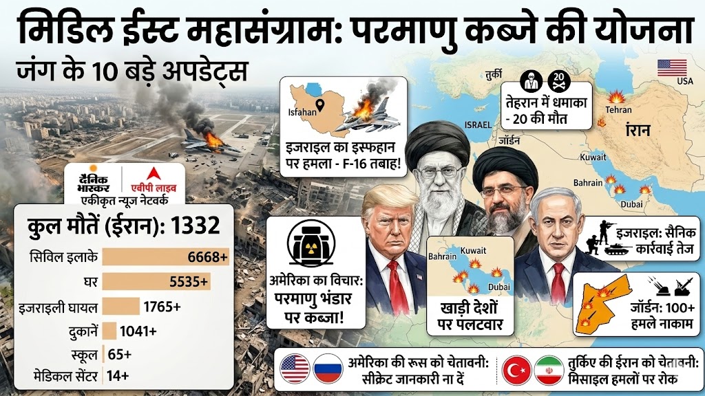मिडिल ईस्ट युद्ध के 10 बड़े अपडेट्स और परमाणु कब्जे की योजना को दर्शाने वाला विस्तृत इन्फोग्राफिक, जिसमें ईरान में हुई मौतें, प्रमुख नेताओं की तस्वीरें और रणनीतिक नक्शा शामिल है।